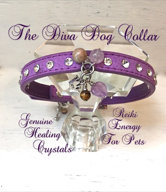 The Healing Crystal Diva Dog Collar size Small,Purple Genuine Leather,Rhinestones ,Princess