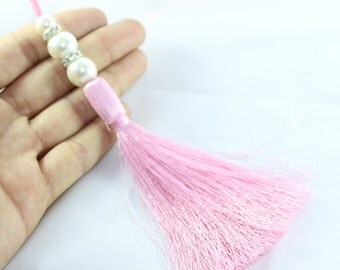 1 Pc Premium Quality Light Pink Thread Tassel 150 mm with Rhinestones and Synthetic Pearls, Handmade Tassel Necklaces, Tassel Pendants
