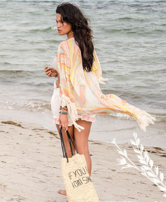 Effortlessly Cool Kimono Robe with Fringes Details. by Deshabelle