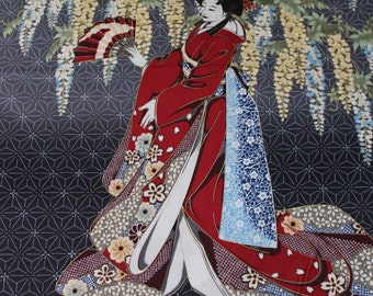 Kona Bay Geisha Dynasty Black cotton woven, 23x44 panel (2 side by side geishas)