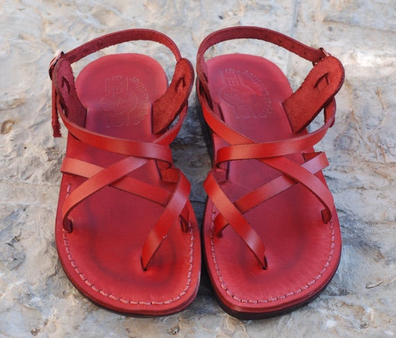 ... Red Triple Leather Jesus Sandals for Women Greece summer sandal
