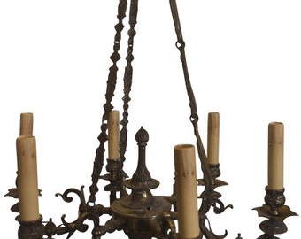 Six Light Chandelier Antique Cast Brass, Hand Casted Chain with Detailed Design & Fully Adorned with Racoco Style