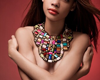 bib statement necklace, bib necklace, statement tribal necklace, antiqued gold beads, colorful stones