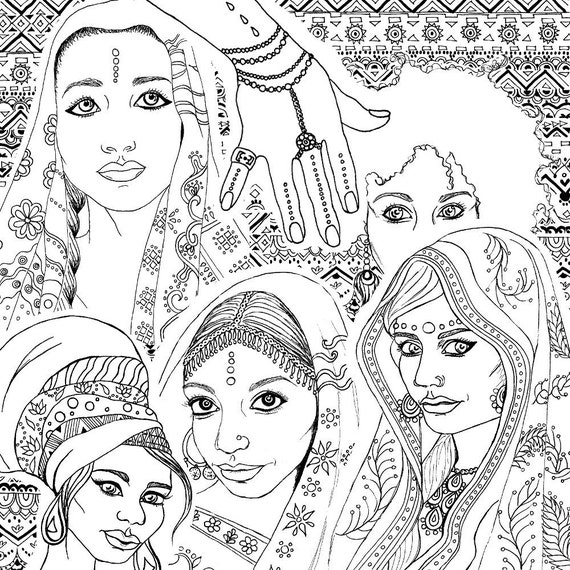 Coloring Book for Adults Indian African Fashion Portraits