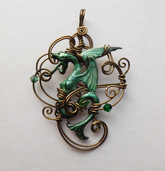 Winged Serpent Pendant Green Serpent/Dragon by silverowlcreations