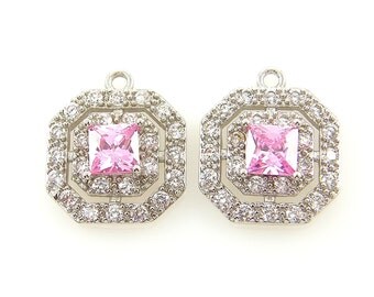 Pink Cubic Zirconia Earring Findings Pink Silver Earring Dangles Pink Bridal Double Halo Earring Findings Pendant Charms |R6-1|2