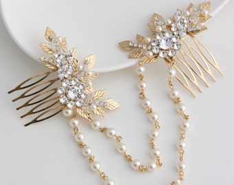 Gold Hair Chain Wedding Headpiece Leaf Head Piece Draped Bridal Hair Combs Set Swarovski Crystal Leaf Hair Vine Bridal Hair Accessory ANWEN