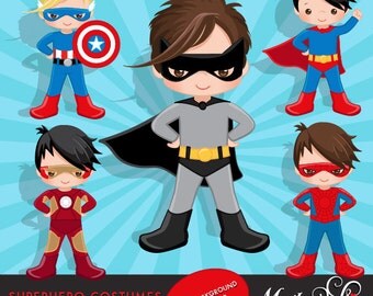Superhero clipart. Superhero Costumes Clipart and Backgrounds Bundle. Superhero comic bubbles, splash background & cute characters.