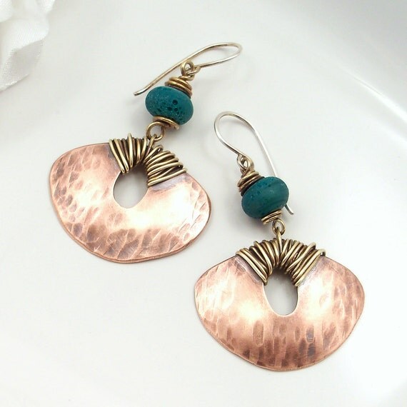 Wire Wrapped Jewelry Handmade Earrings Hammered Copper Dangle