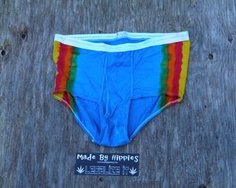 Blue Side Striped Rainbow Tie Dye Underwear (Hanes Cotton Briefs Size 3X / 50-52) (One of a Kind)