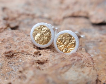 stud earrings gold circle studs sterling silver round cup earrings with 24k gold leaf post earrings