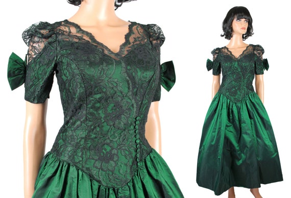 Vintage 80s Prom  Dress  XS Emerald Green  Taffeta  Black Lace