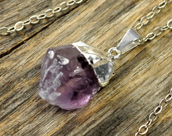 Amethyst Necklace, Amethyst Pendant Necklace, Amethyst Silver Necklace, Raw Amethyst Point Necklace, Sterling Silver Chain