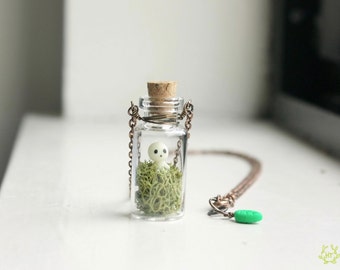 Kodama Tree Spirit Terrarium Necklace - mini glass bottle pendant, glow in the dark princess mononoke necklace, studio ghibli jewelry