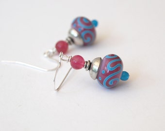 Pink Scroll Earrings, Lampwork Glass Earrings, Glass Bead Earrings, Blue Earrings