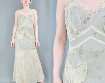 1930s Slip Dress Novelty Print Sheer Slip Floral Bias Cut Nightgown Yellow Flapper Lingerie Maxi Bridal Ruffle Lace Heart Pocket (S/M) E6032