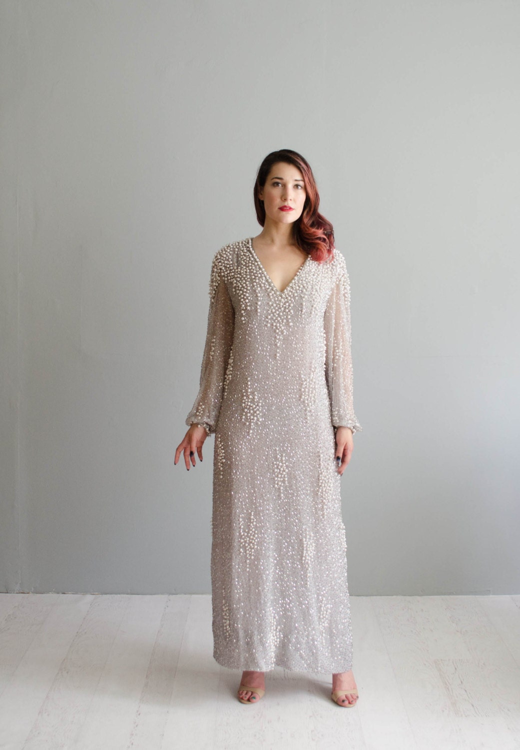 Vintage Beaded Dress 70s Beaded Evening Gown Compound