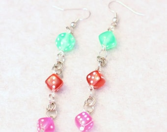 Roll the Dice - Pastel Dice Earrings in Green Red and Pink - Bunco Jewelry - Las Vegas Baby