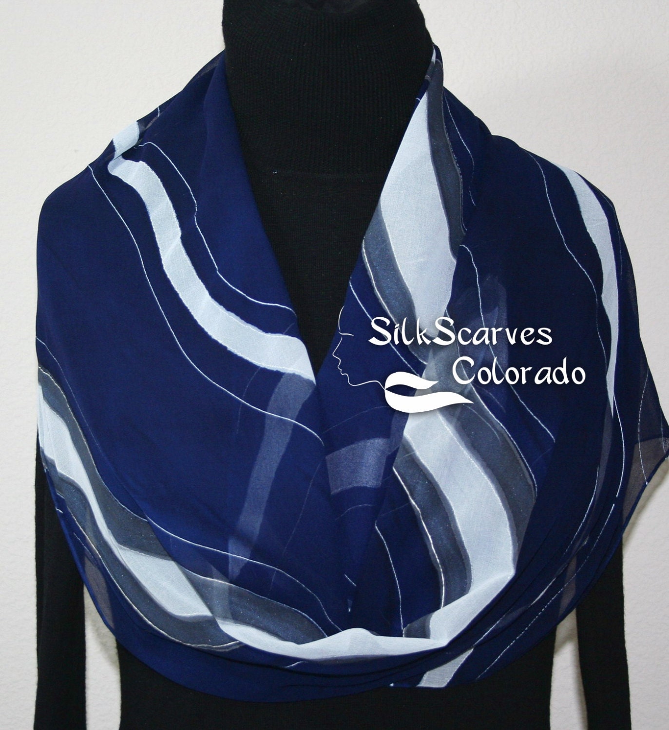 Navy Blue Silk Scarf Handpainted. White by SilkScarvesColorado