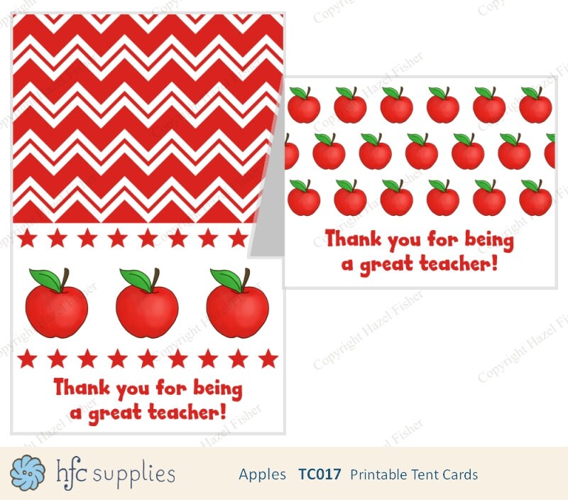 Thank You Teacher Cards Apples printable tent card teacher