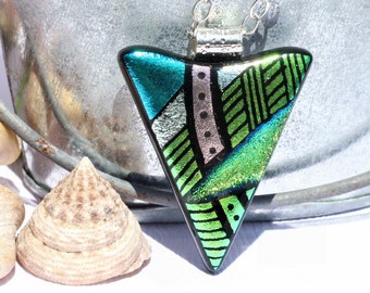 Dichroic Glass Pendant, Fused Glass Jewelry, Necklace; Modern, Abstract Geometric, Metallic - Blue, Green / 43mm x 34mm (Item #10707-P)