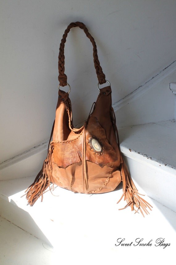 Rusted brown distressed leather asymmetrical pocket bag boho