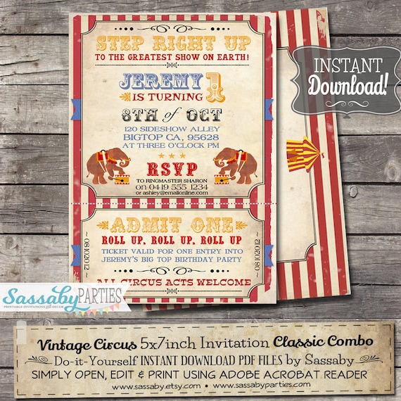 Vintage Circus Invitation - INSTANT DOWNLOAD - partially Editable & Printable Carnival, Elephant, Big Top, Birthday Party Invite Il_570xn