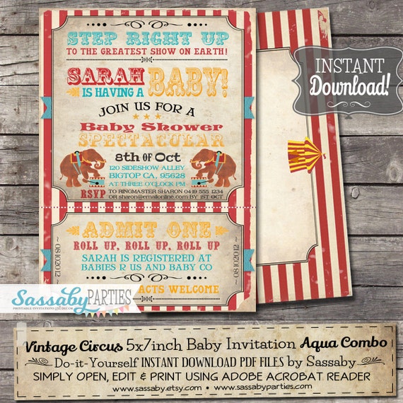 Vintage Circus Baby Shower Invitation - INSTANT DOWNLOAD - Aqua Combo Editable & Printable Carnival Ticket Invite by Sassaby Parties Il_570xn