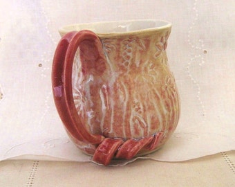 Hand Thrown Stoneware Pottery Coffee Mug, Tea Cup, Coffee Cup, Creamy White and Pale Coral, Lace Texture, 16 oz, full grip handle