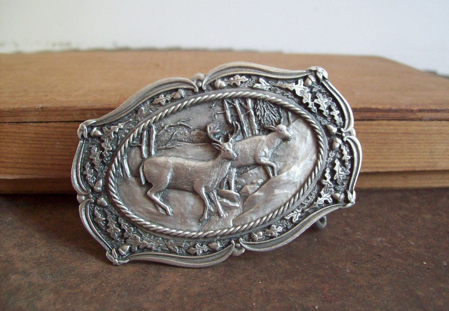 Vintage belt buckle Bergamot Brass Works deer stag doe oak