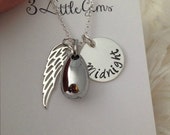 Memorial Sterling Silver Necklace with Stainless Steel Cremation Urn Pendant and Sterling Silver Angel Wing charm and name