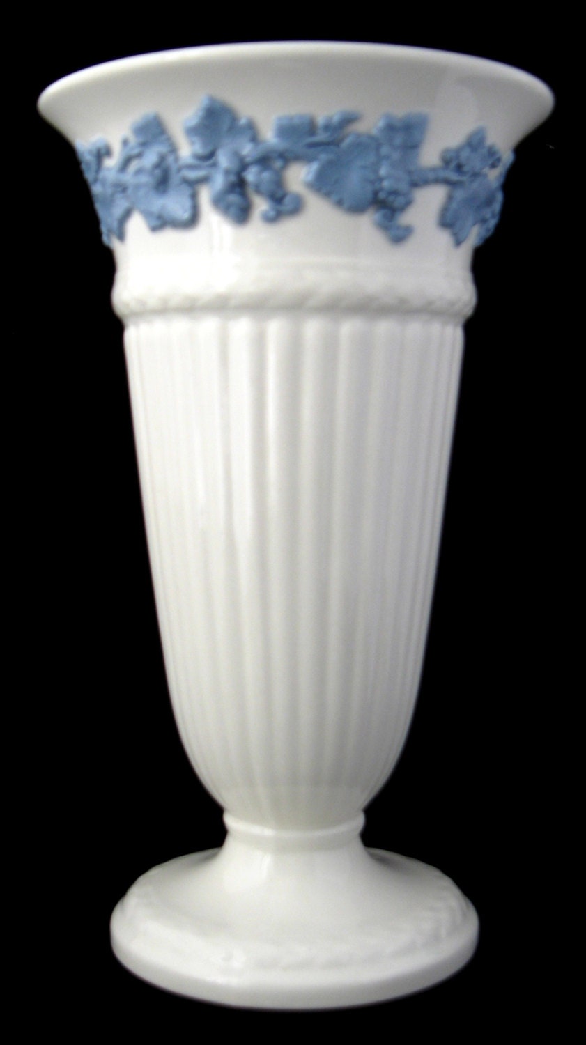 Wedgwood Embossed Queens Ware Vase Tall 1950s Grapevine Blue