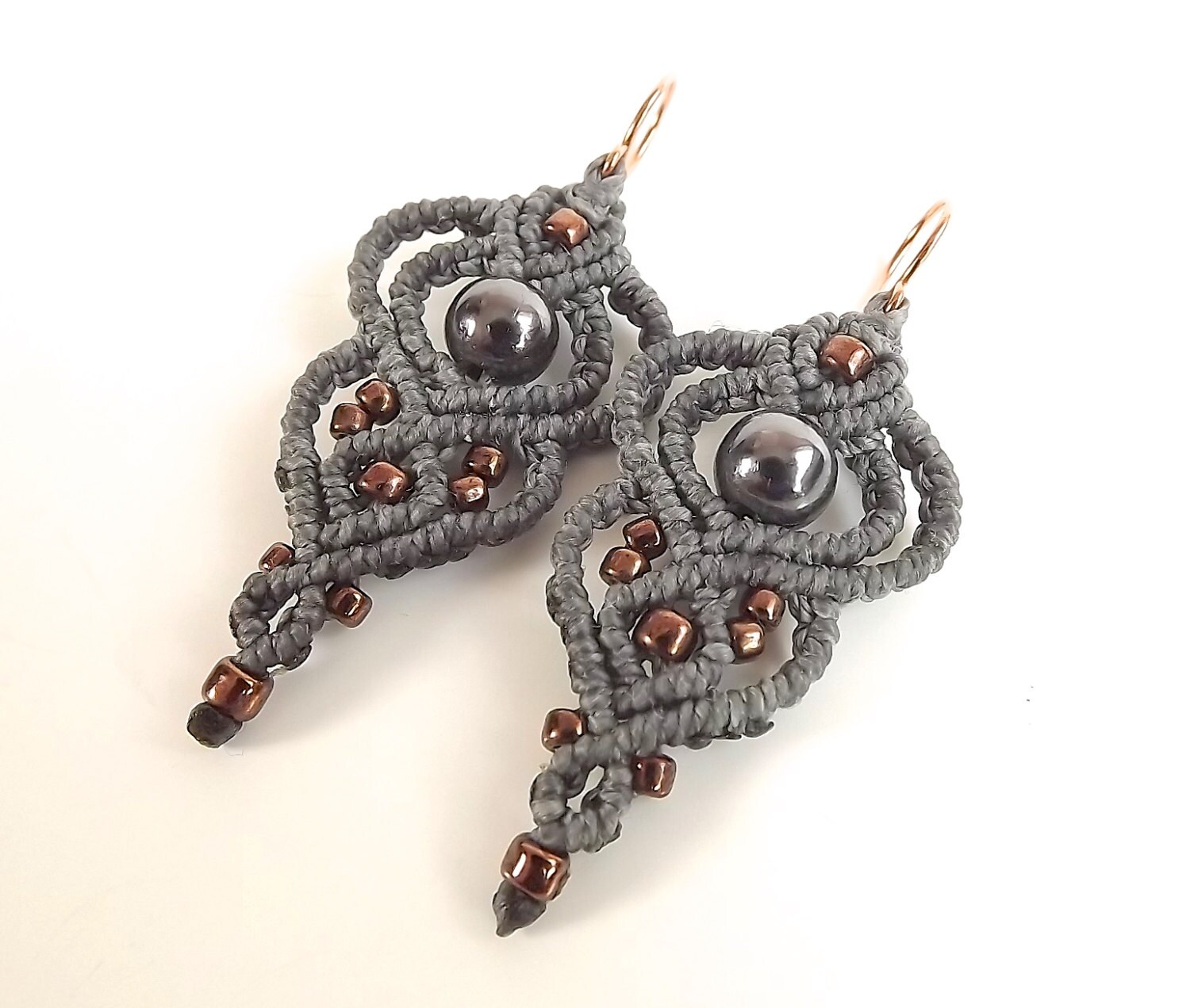Macrame Earrings Gray And Gunmetal With Metallic Bronze Seed