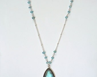 Blue Labradorite necklace - Apatite rosary chain necklace - Large Gemstone necklace - bohemian necklace - long necklace - boho jewelry
