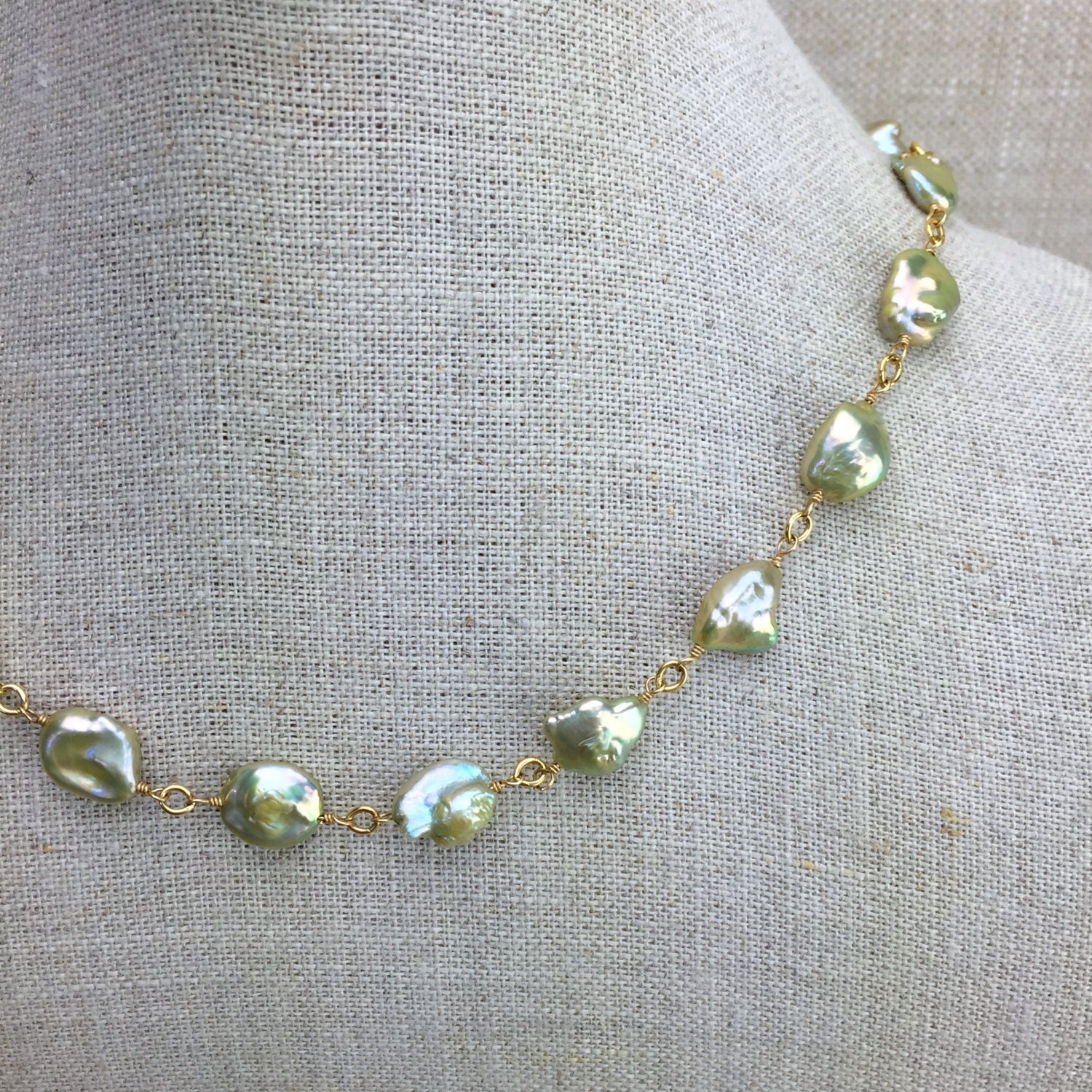 Golden Pearl Necklace Flat Nugget Baroque Freshwater Pearls