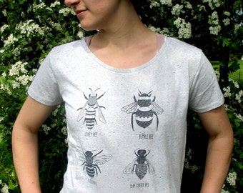 Organic Women's Bee Tee! hand screen printed with eco-friendly inks. Featuring 6 varieties of Bee.