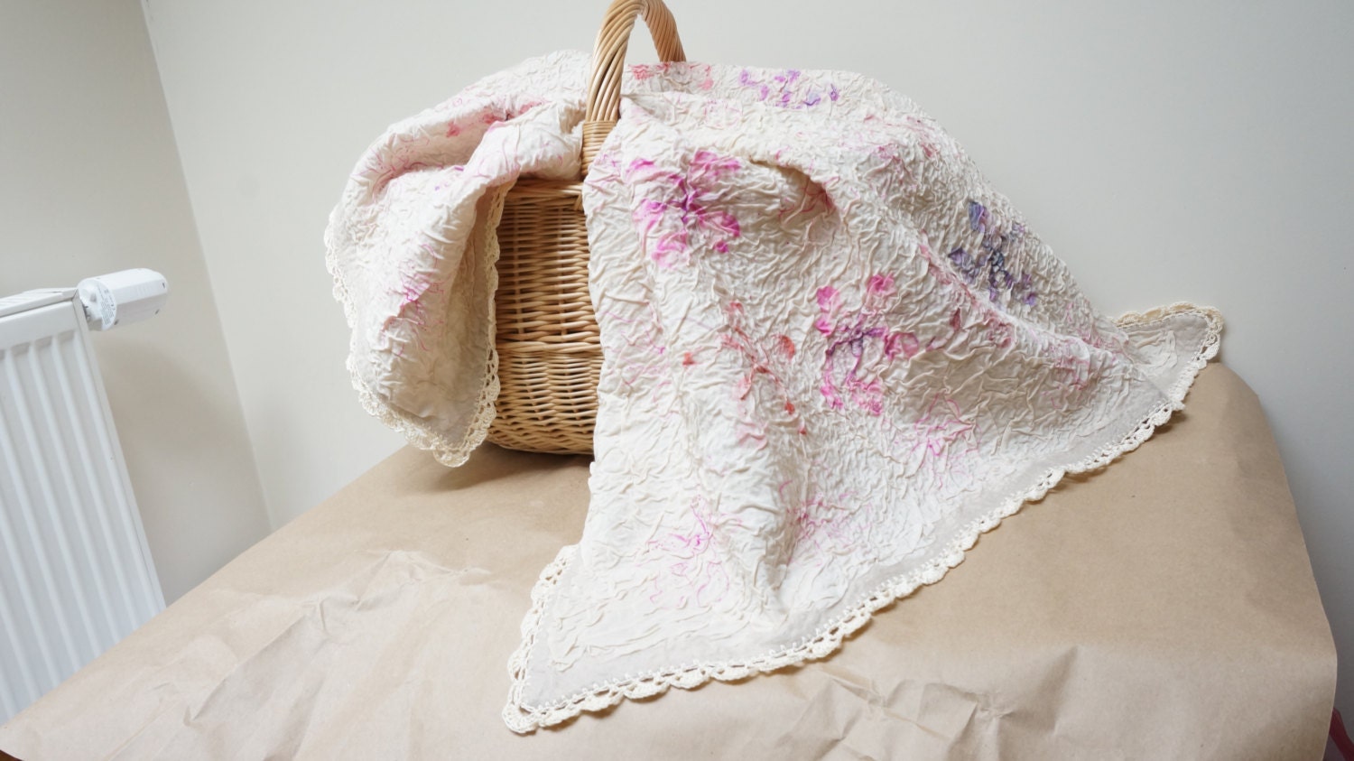 Felted Wool Baby blanket plaid square ivory pink floral silk