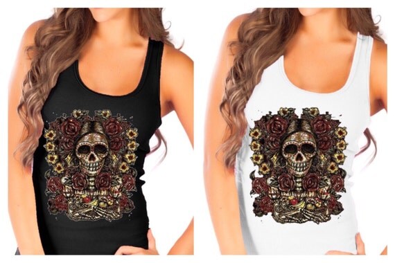 Fashion Vixen Tattoo Style Day of the Dead Skull Tank Top S M