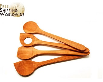 Wooden Spoons SET of 4 - Sauce Spoon - Spoon with flat bottom - Spoon round Classic - Spoon with Arrow bottom from Cherry wood - 11