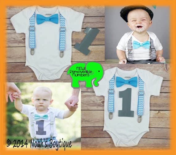 Boys First Birthday Outfit - 1st Birthday Clothes - 1st Birthday Number One - Grey Aqua Chevron - First Birthday Shirt - Bow Tie Suspender by NoahsBoytiques