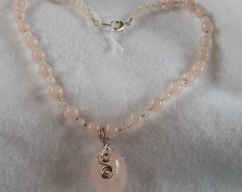 ROSE QUARTZ Gemstone Bead 20" Necklace with Matching Pink QUARTZ Wrapped Pendant