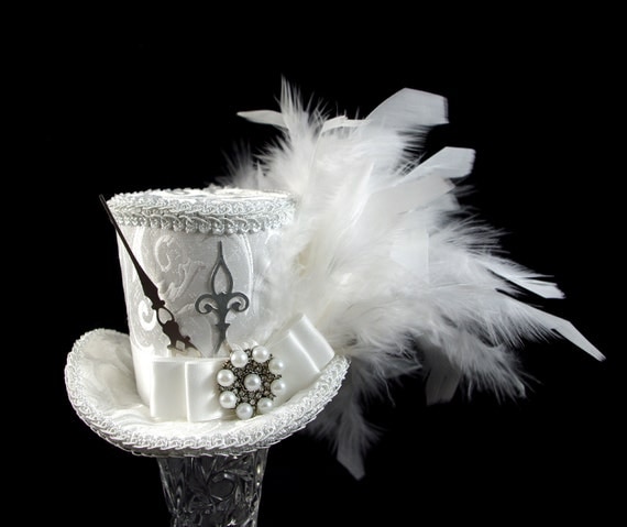 White and Silver Steampunk Wedding Medium Mini Top Hat Fascinator, Alice in Wonderland, Mad Hatter Tea Party, Derby Hat, Bridal Hat by TheWeeHatter steampunk buy now online