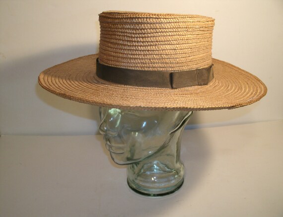 Vintage Straw Straight Wide Brim Flat Crown Hat Black Ribbon