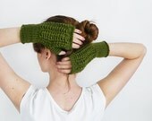 Knitted Fingerless Wool Mittens For Women In  Green, Fall and Winter Accessories, Arm And Wrist Warmers