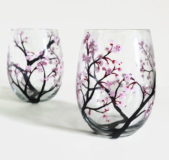 Cherry Blossoms Hand Painted Wine Glass Spring Washington DC
