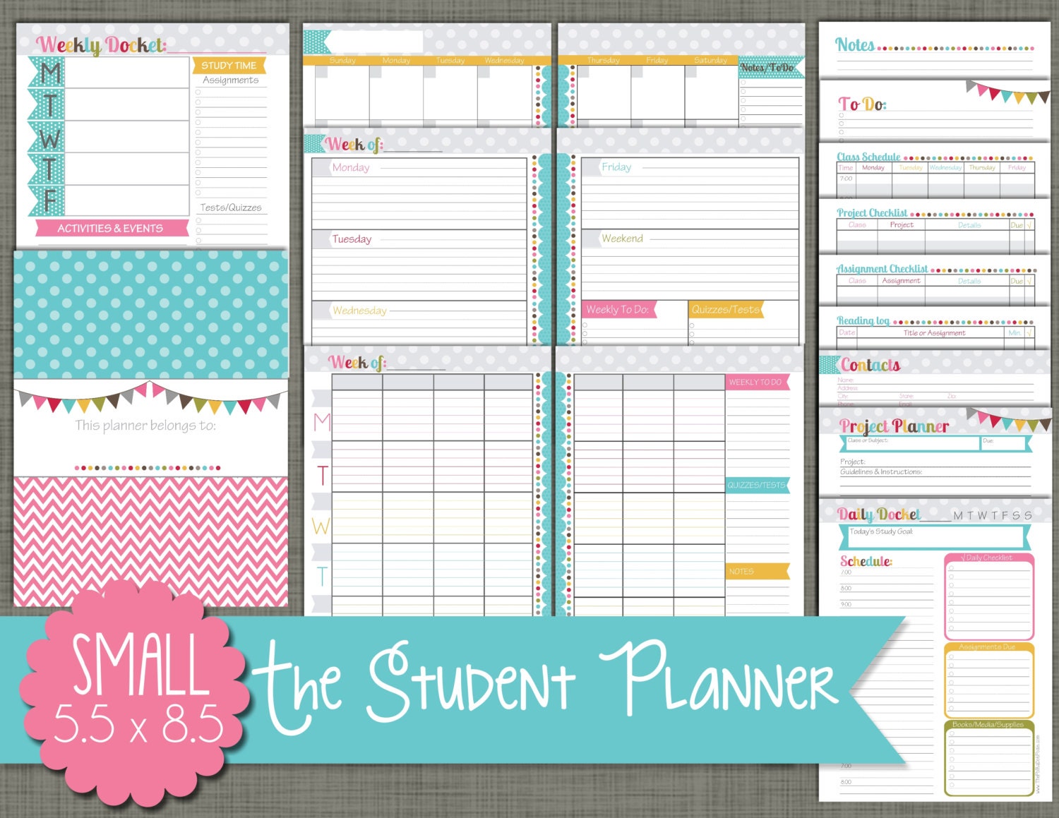 student planner printable set sized small 55 x