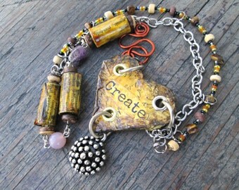 Eco-friendly Necklace - Paper Heart Pendant - Assemblage Necklace - Bohemian Necklace - Artistic Jewelry - Gift for Artist