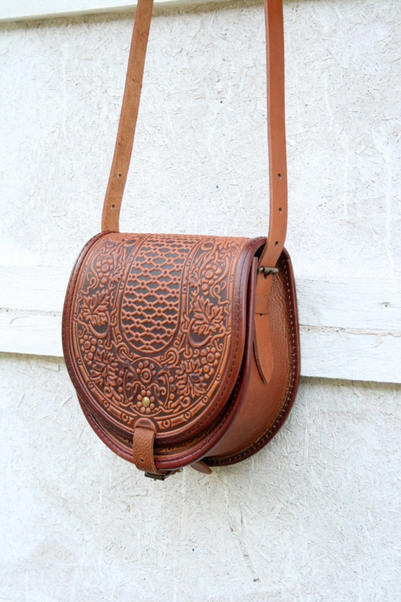 Items similar to tooled light brown leather bag - shoulder bag ...
