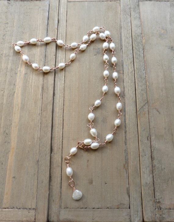 14K Rose Gold Pearl Rosary Necklace