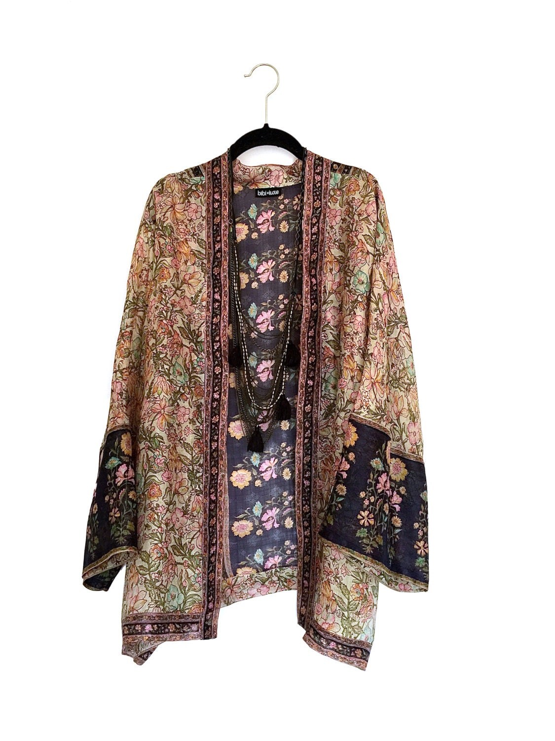 silk kimono jacket beige and navy vintage floral border print silk kimono jacket beige and navy vintage floral border print